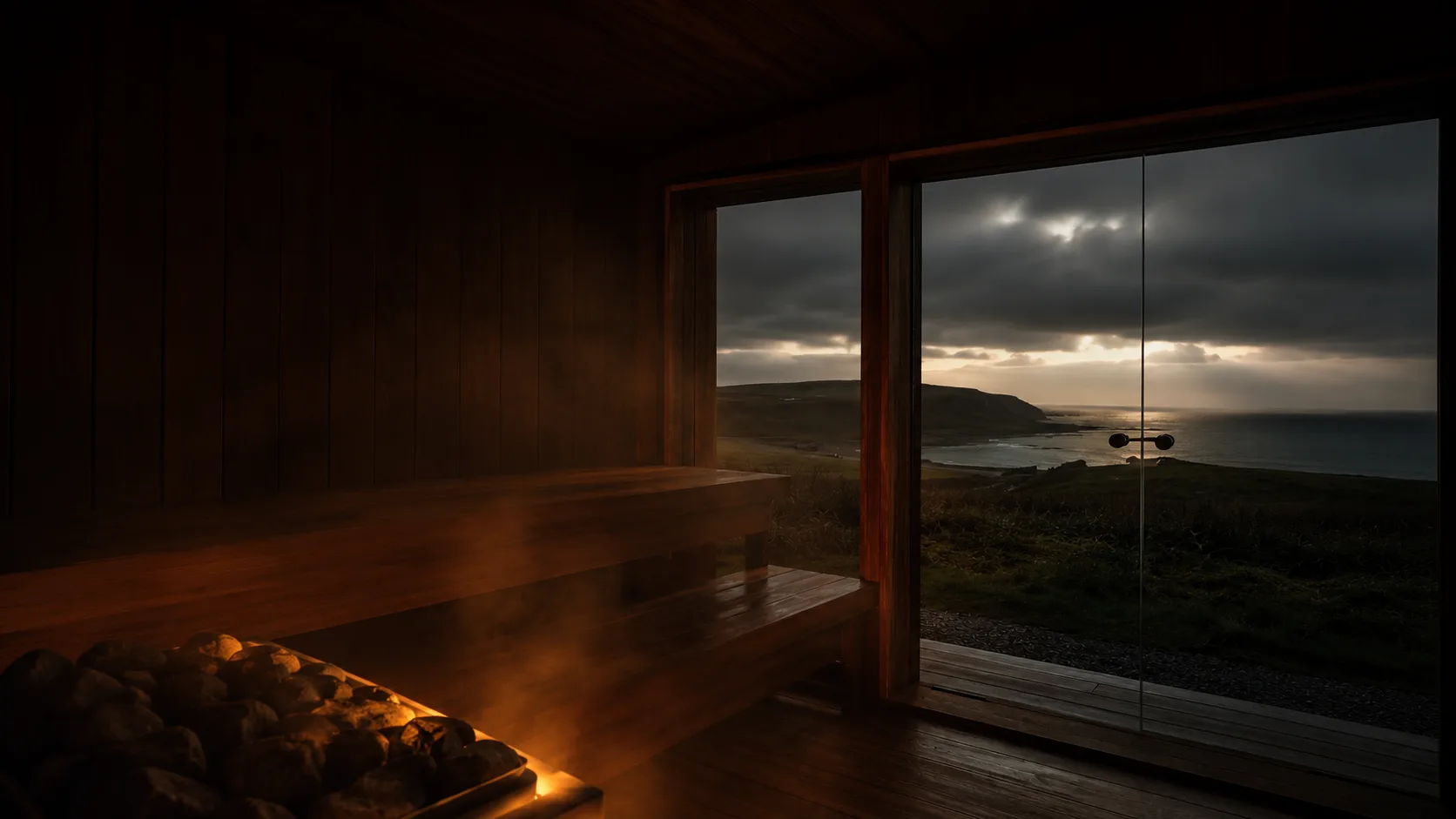 The view across a Northern Irish coastline from inside an Awaken sauna at dusk